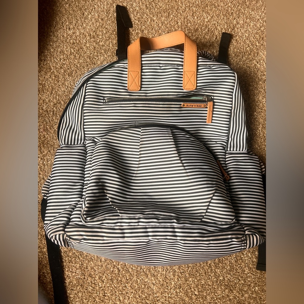 Kute n Koo diaper bag. Black and white stripes with tan accents.